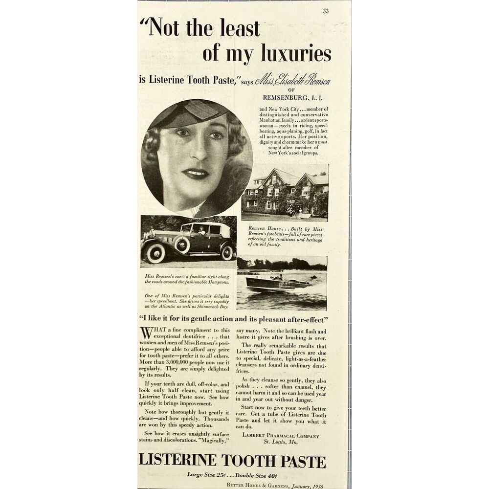 Listerine Tooth Paste "Not the Least of My Luxuries" Vintage Print Ad 1936